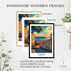 Showcasing Lisbon Print - Portugal framed in three handmade wooden frames, illustrating vibrant Lisbon streets.