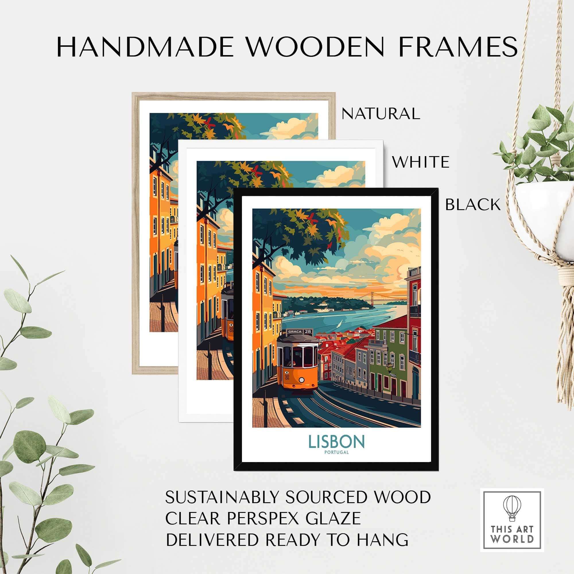 Showcasing Lisbon Print - Portugal framed in three handmade wooden frames, illustrating vibrant Lisbon streets.