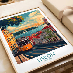 Lisbon Print - Portugal featuring the yellow tram and vibrant landscape of Lisbon in a framed poster.