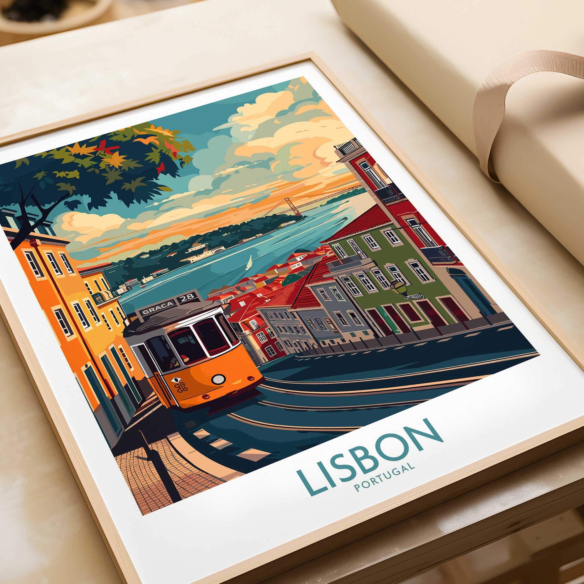 Lisbon Print - Portugal featuring the yellow tram and vibrant landscape of Lisbon in a framed poster.