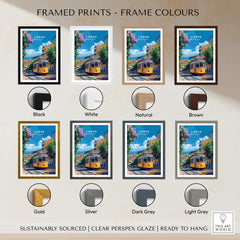 Lisbon Cityscape Tram 28 Poster | Colorful Portugal Travel Art displayed in various frame colors.