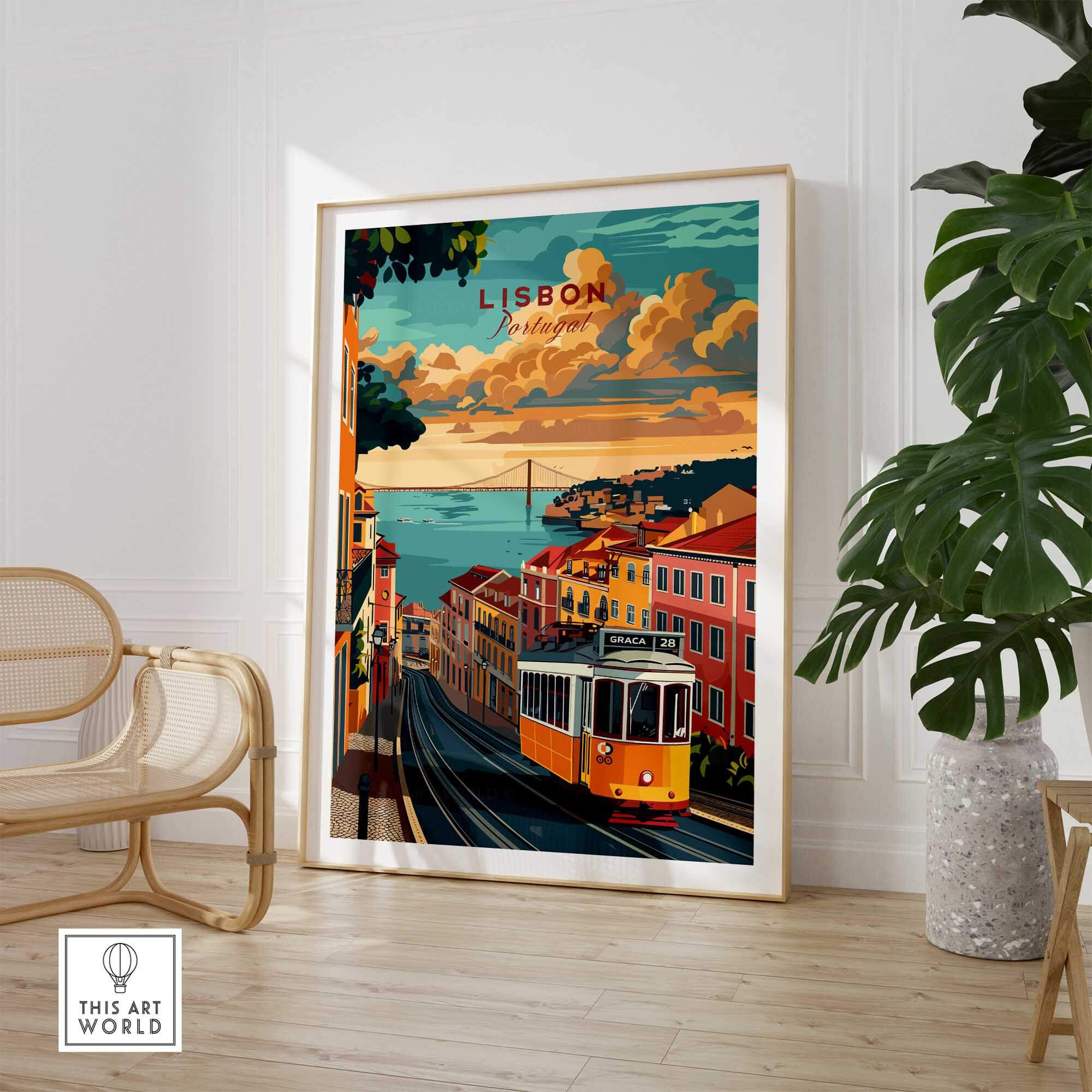 Lisbon Travel Poster featuring iconic Tram 28 in a stylish home setting.