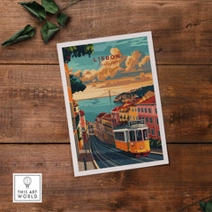 Lisbon Travel Poster featuring the iconic Tram 28 against a stunning backdrop of Lisbon, Portugal.