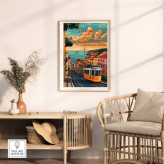 Lisbon Travel Poster featuring Tram 28 in a stylish home setting with vibrant colors and decor.