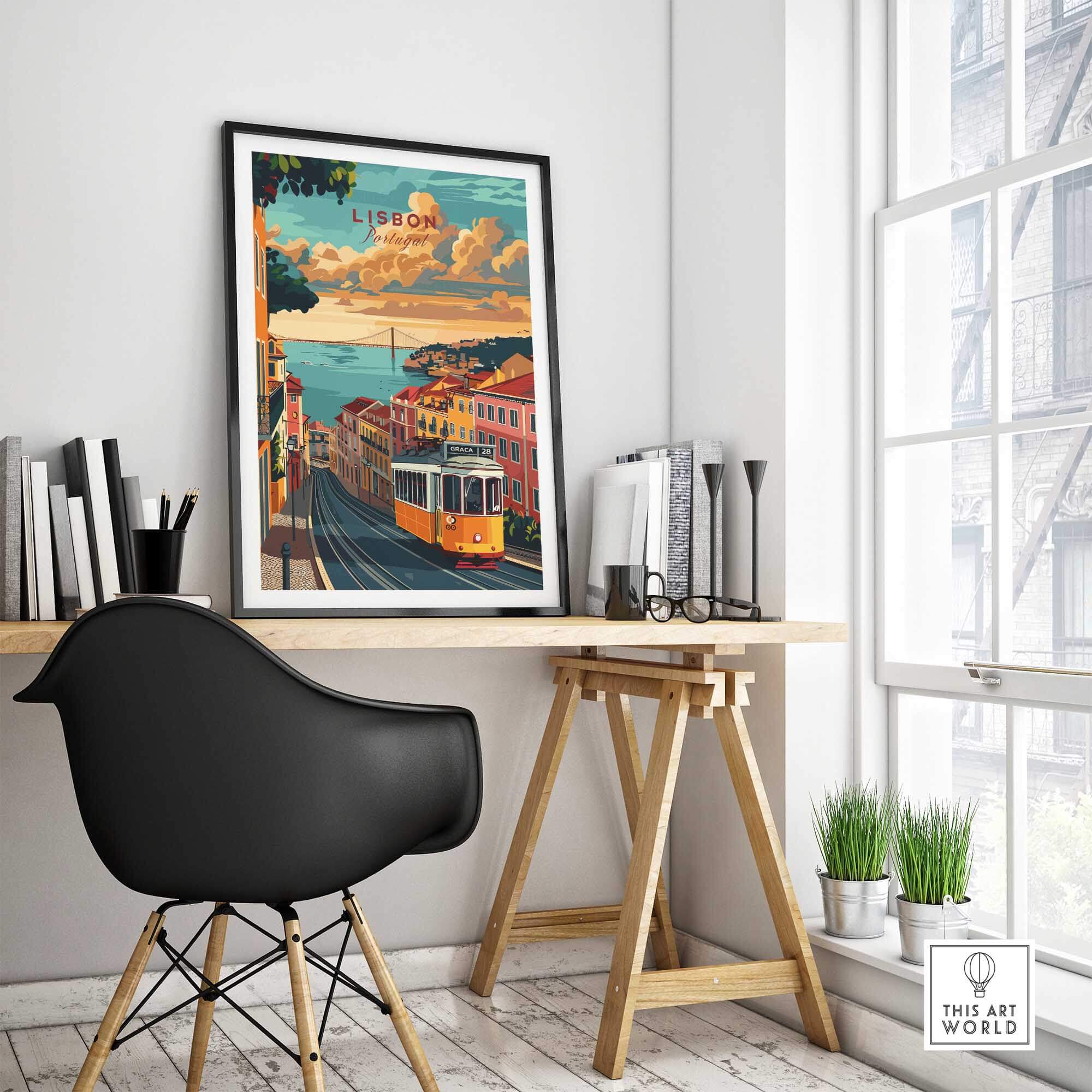 Lisbon Travel Poster featuring Tram 28 in a stylish home decor setting.