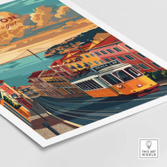 Lisbon Travel Poster featuring Tram 28 against a colorful backdrop of Lisbon streets and hills.