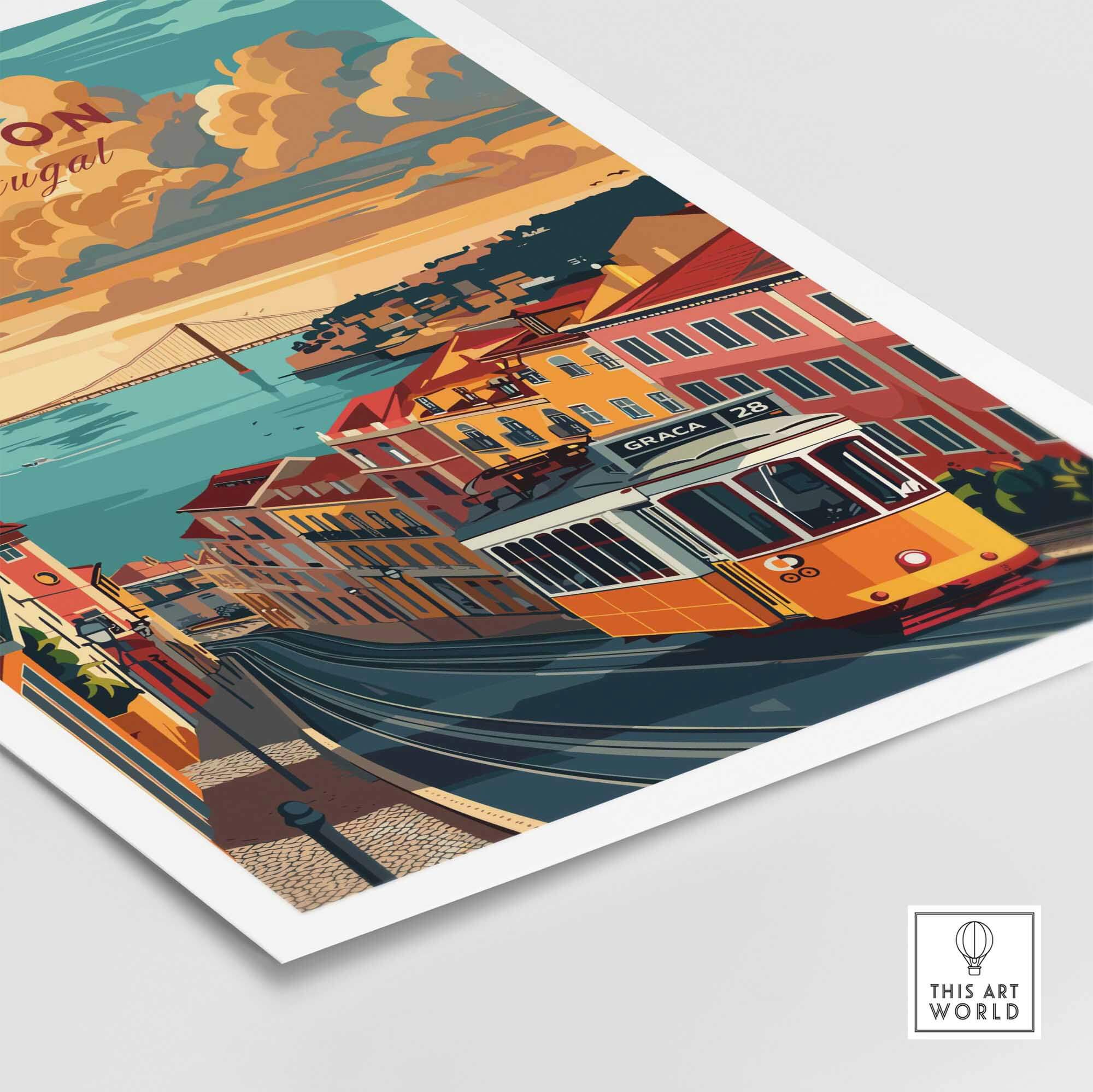 Lisbon Travel Poster featuring Tram 28 against a colorful backdrop of Lisbon streets and hills.