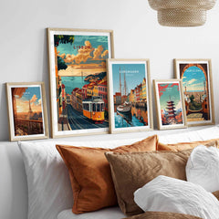 Lisbon Travel Poster featuring Tram 28 among other travel art prints on a stylish home decor display.
