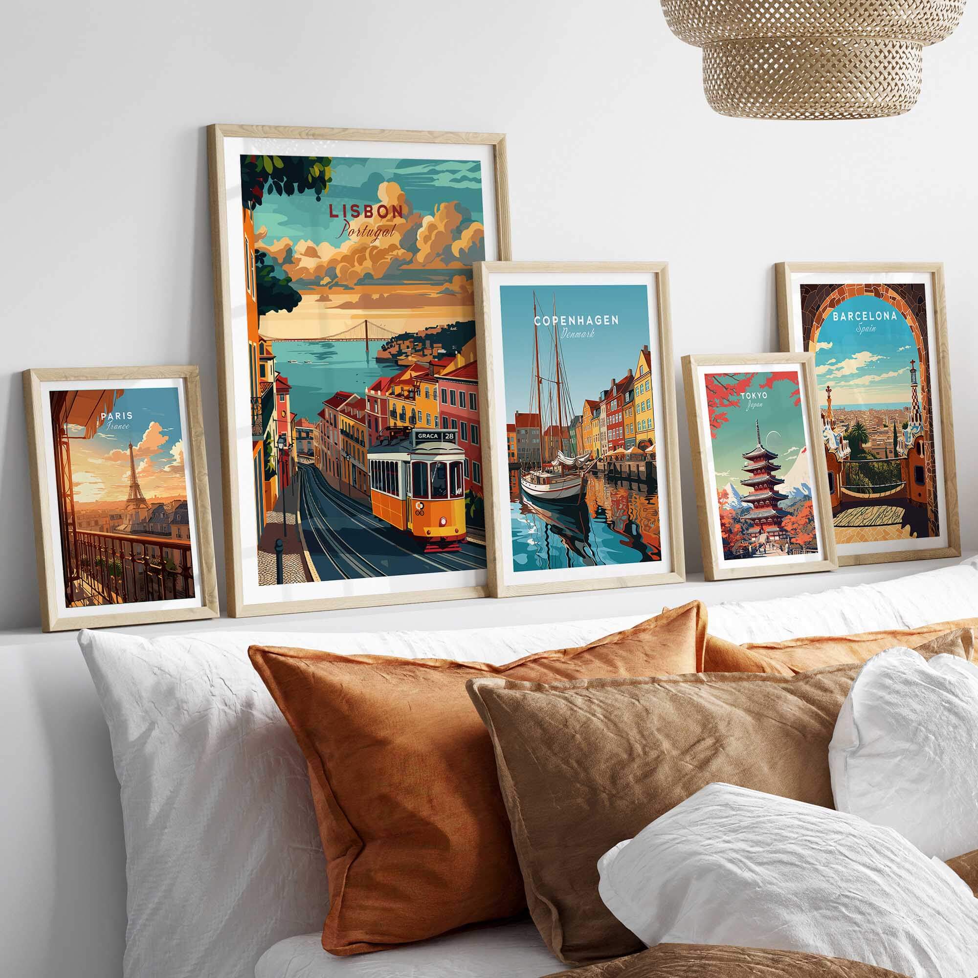 Lisbon Travel Poster featuring Tram 28 among other travel art prints on a stylish home decor display.