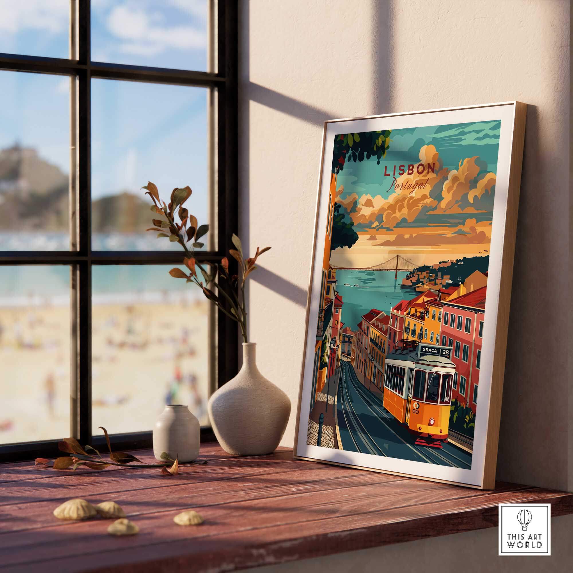 Lisbon Travel Poster featuring Tram 28, perfect for home decor and travel lovers, bringing wanderlust to any space.