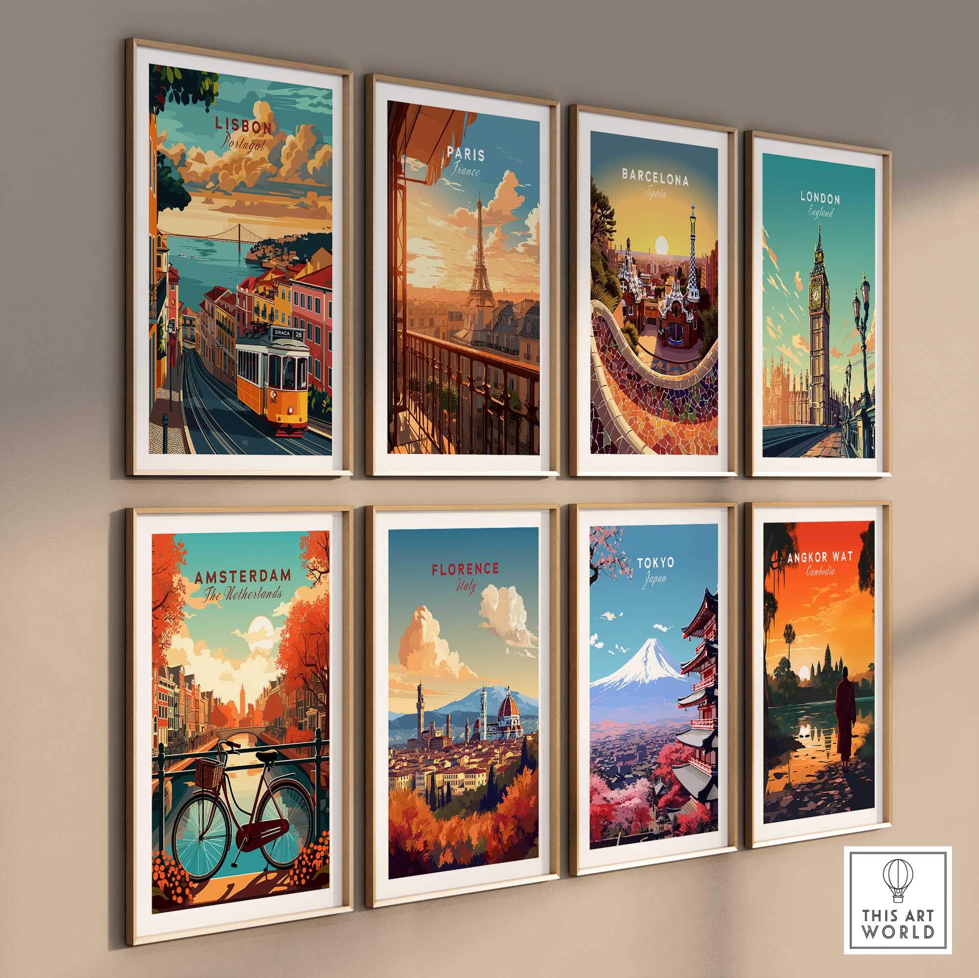 Lisbon Travel Poster collection featuring iconic cities like Paris and Barcelona with vibrant artwork.