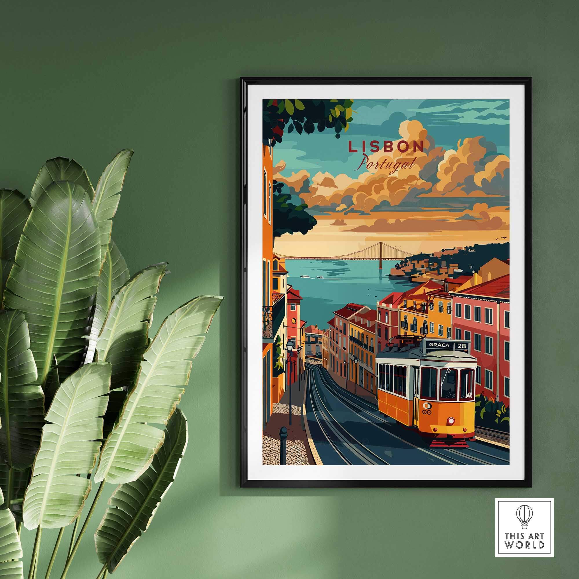 Lisbon Travel Poster featuring iconic Tram 28 and scenic view of Lisbon, perfect for travel lovers' home decor.