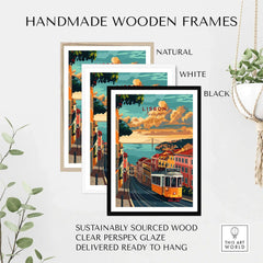 Lisbon Travel Poster in handmade wooden frames, showcasing natural, white, and black options for stylish home decor.