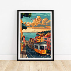 Lisbon Travel Poster featuring the iconic Tram 28 in scenic backdrop of Lisbon, Portugal.