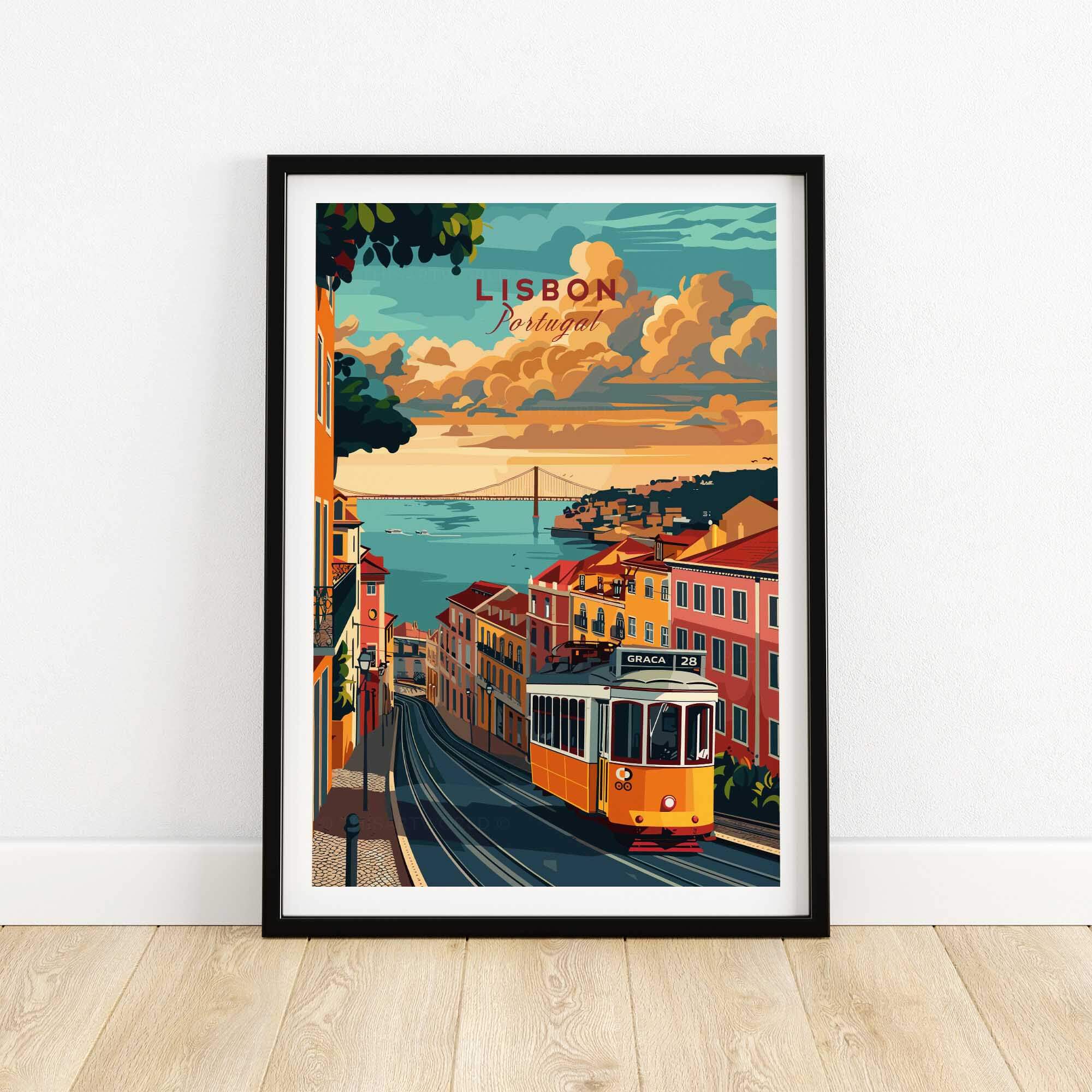 Lisbon Travel Poster featuring the iconic Tram 28 in scenic backdrop of Lisbon, Portugal.