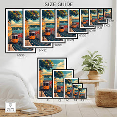Lisbon Travel Print size guide showcasing different frame sizes for vibrant Lisbon artwork.
