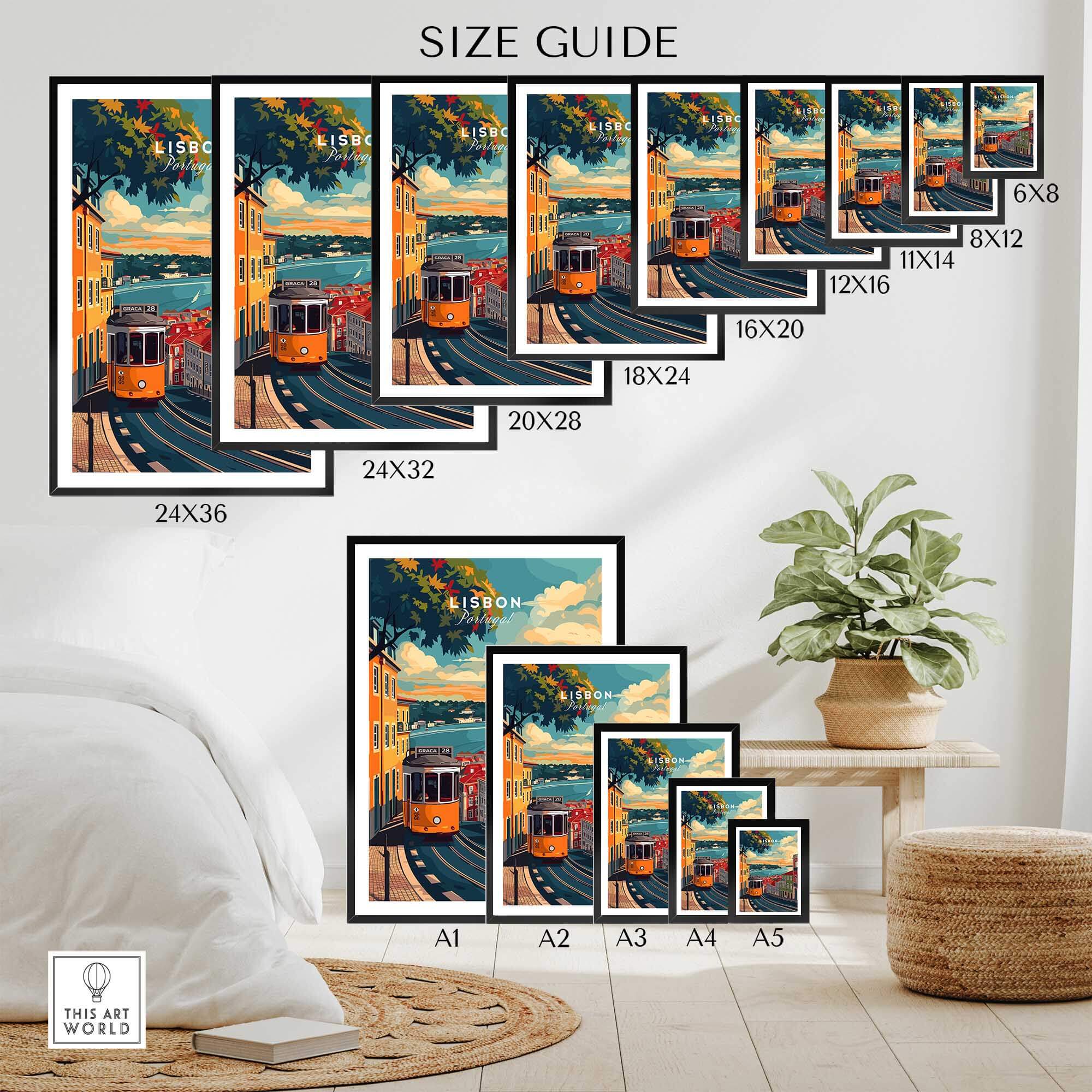 Lisbon Travel Print size guide showcasing different frame sizes for vibrant Lisbon artwork.