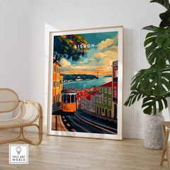 Lisbon Travel Print showcasing vibrant streets and iconic tram scenery in Portugal.