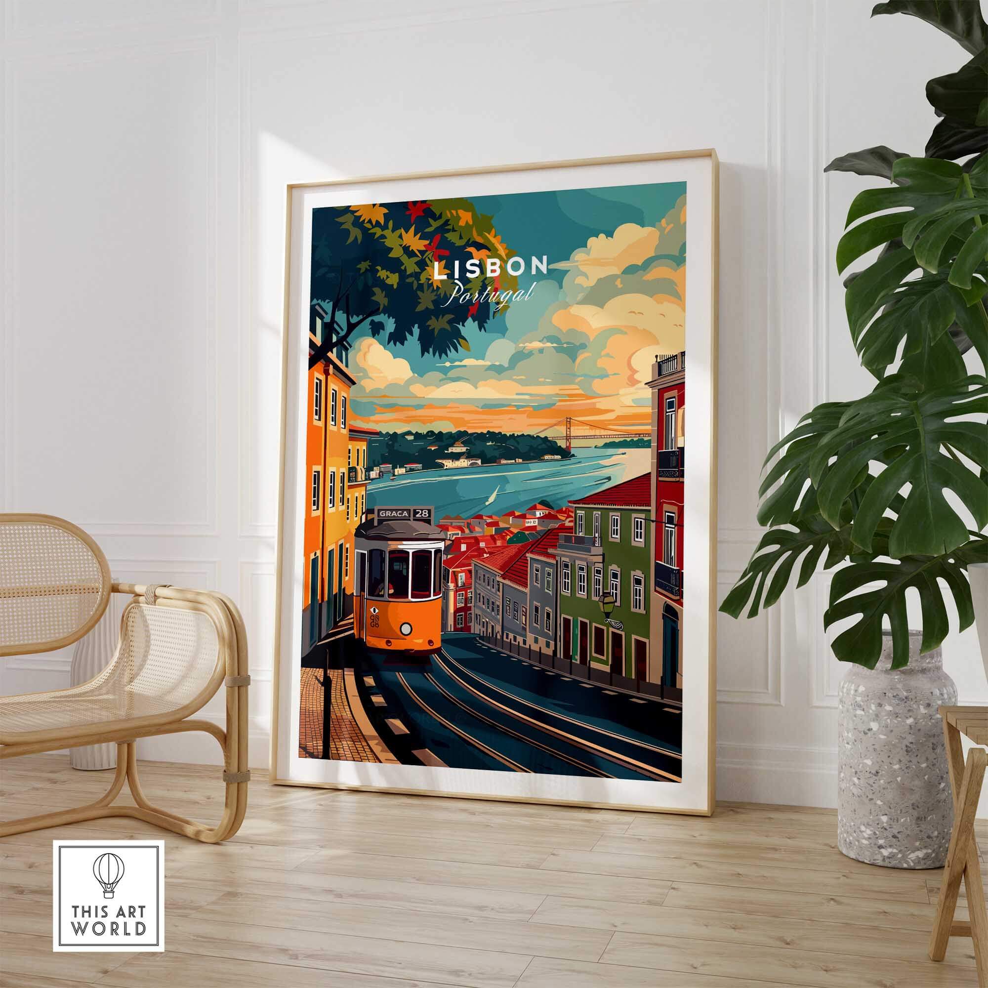 Lisbon Travel Print showcasing vibrant streets and iconic tram scenery in Portugal.