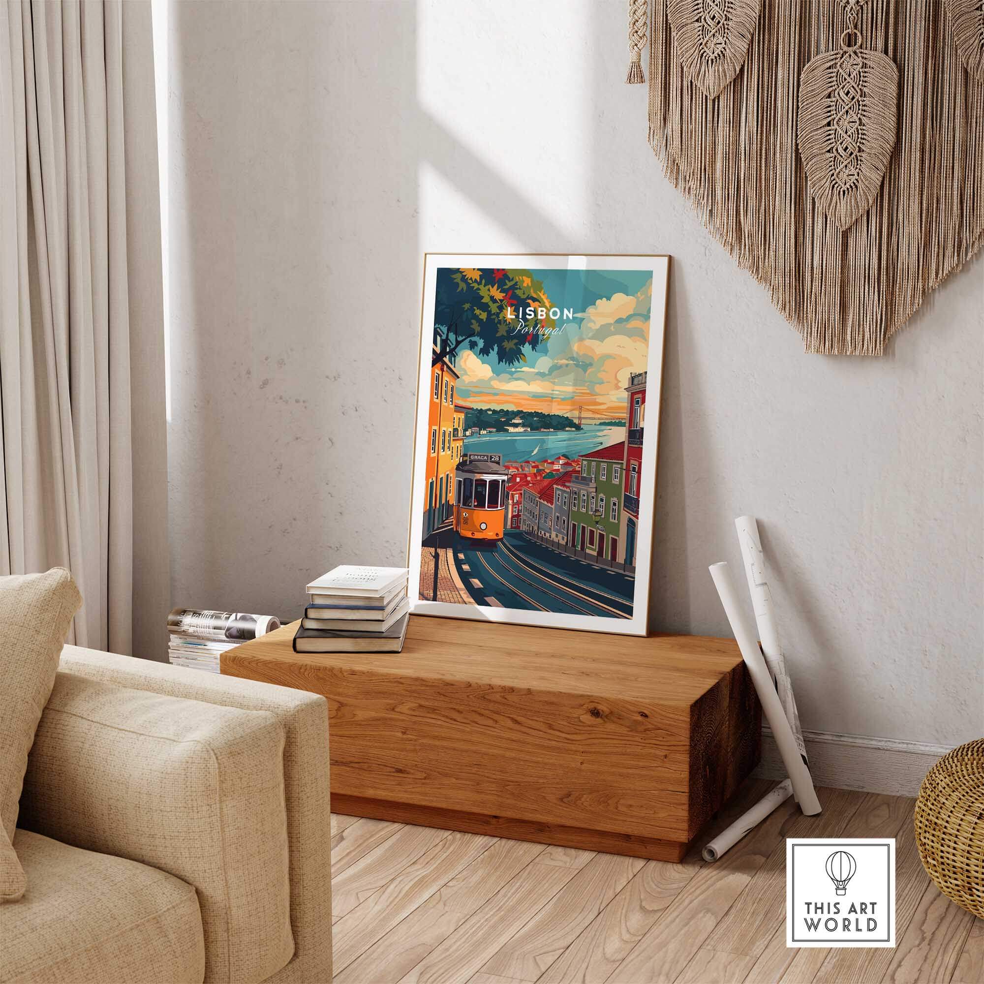 Lisbon Travel Print displayed in a cozy living room, showcasing vibrant streets and landmarks of Lisbon.
