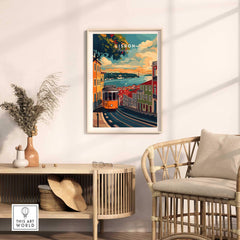 Lisbon Travel Print featuring vibrant streets and iconic landmarks of Lisbon against a stylish home decor backdrop.