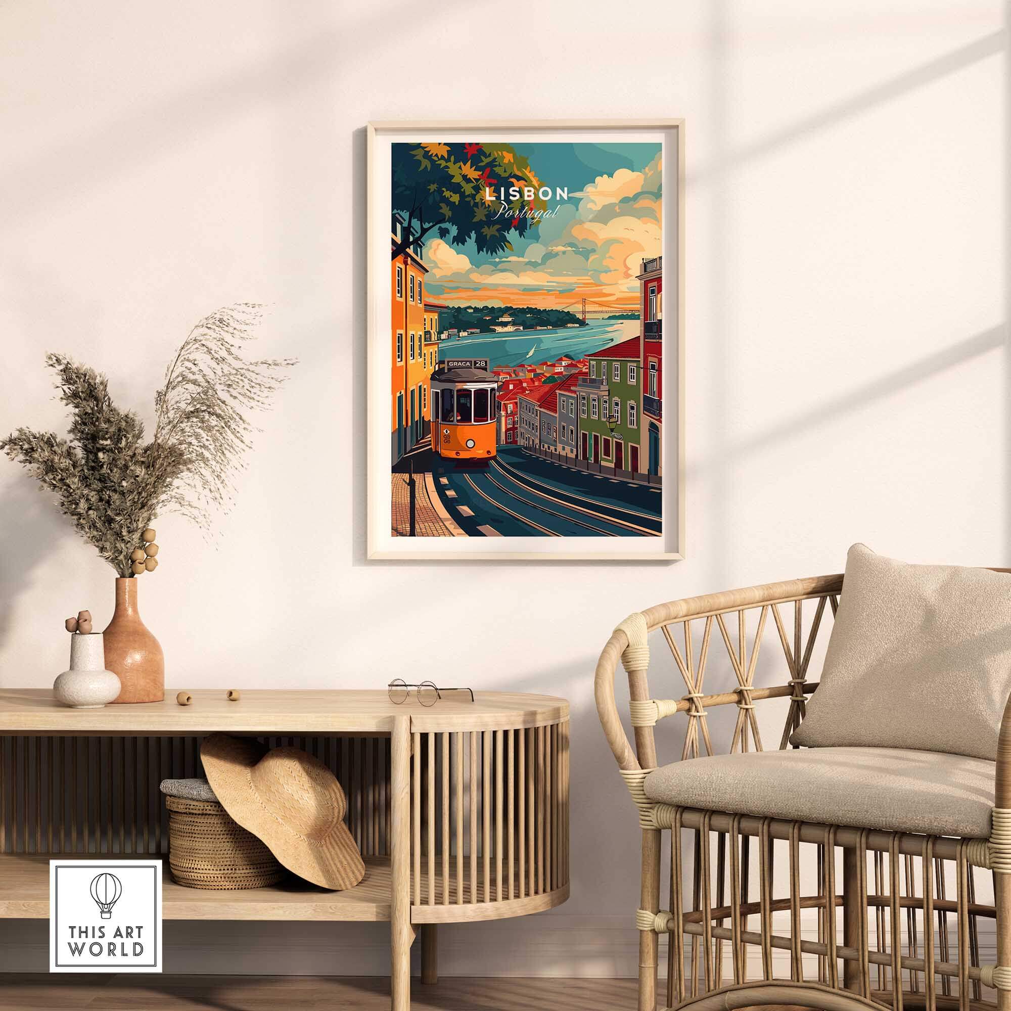 Lisbon Travel Print featuring vibrant streets and iconic landmarks of Lisbon against a stylish home decor backdrop.