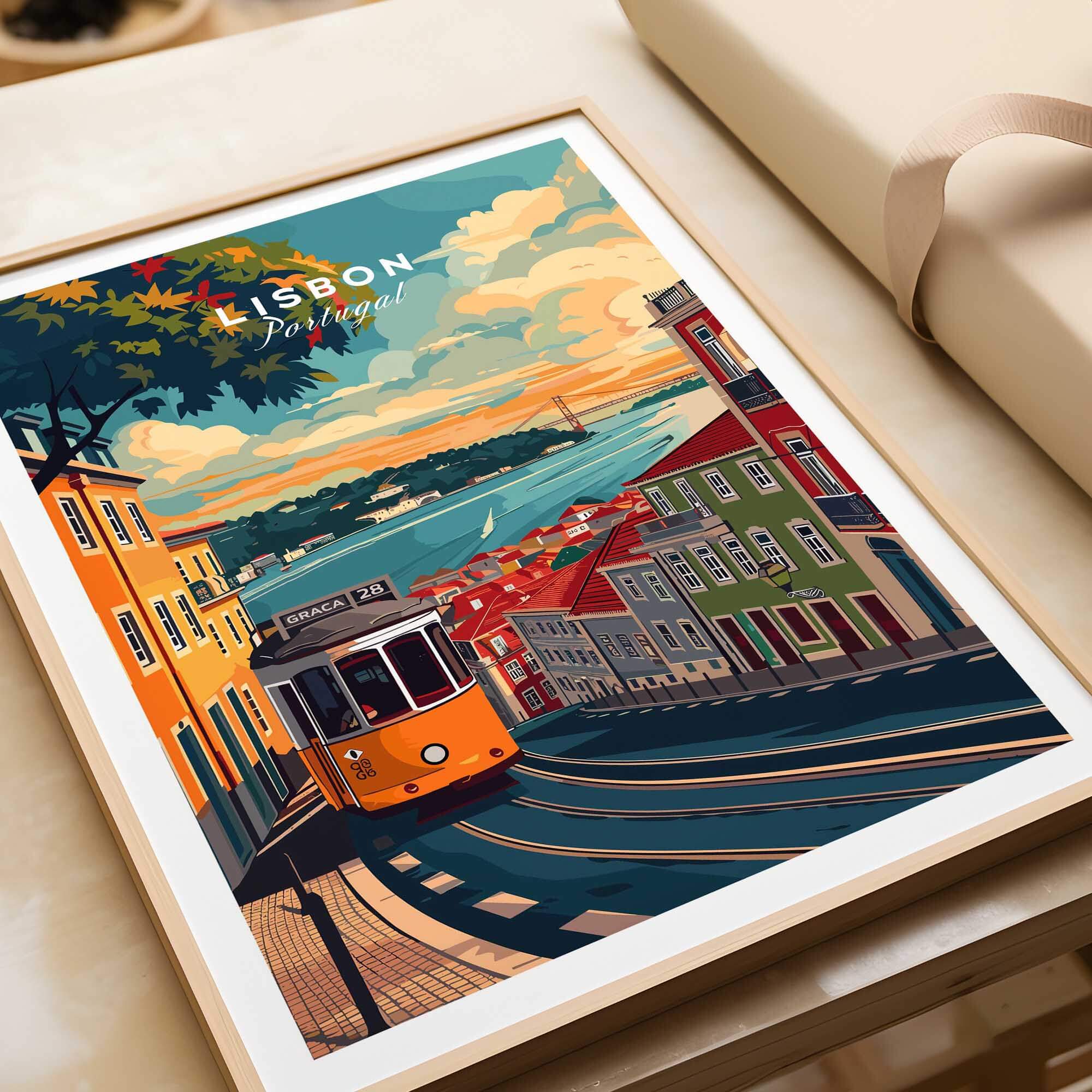 Lisbon Travel Print featuring vibrant streets, tram, and scenic views of Lisbon, Portugal.