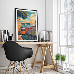 Lisbon Travel Print displayed in a stylish home office, showcasing vibrant colors and iconic Lisbon landmarks.