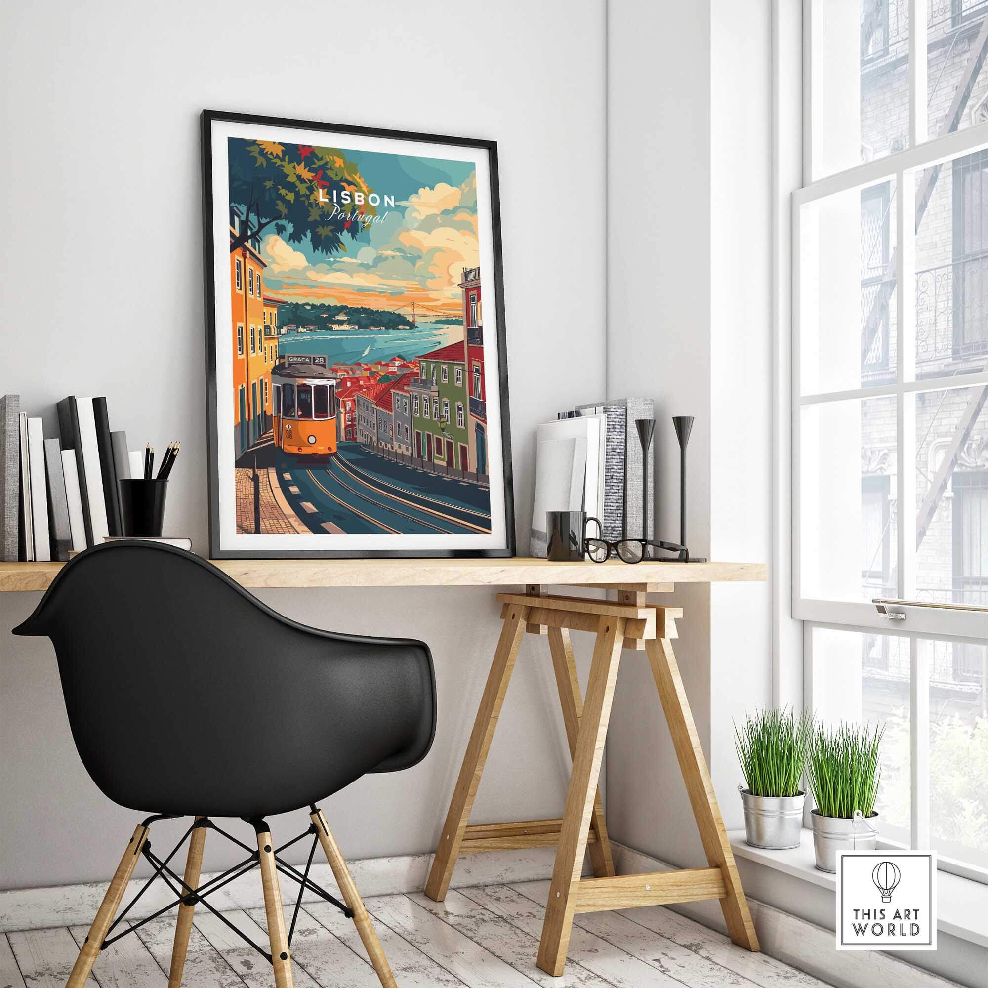 Lisbon Travel Print displayed in a stylish home office, showcasing vibrant colors and iconic Lisbon landmarks.
