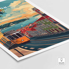 Lisbon Travel Print featuring vibrant tram and iconic landmarks of Lisbon, Portugal.