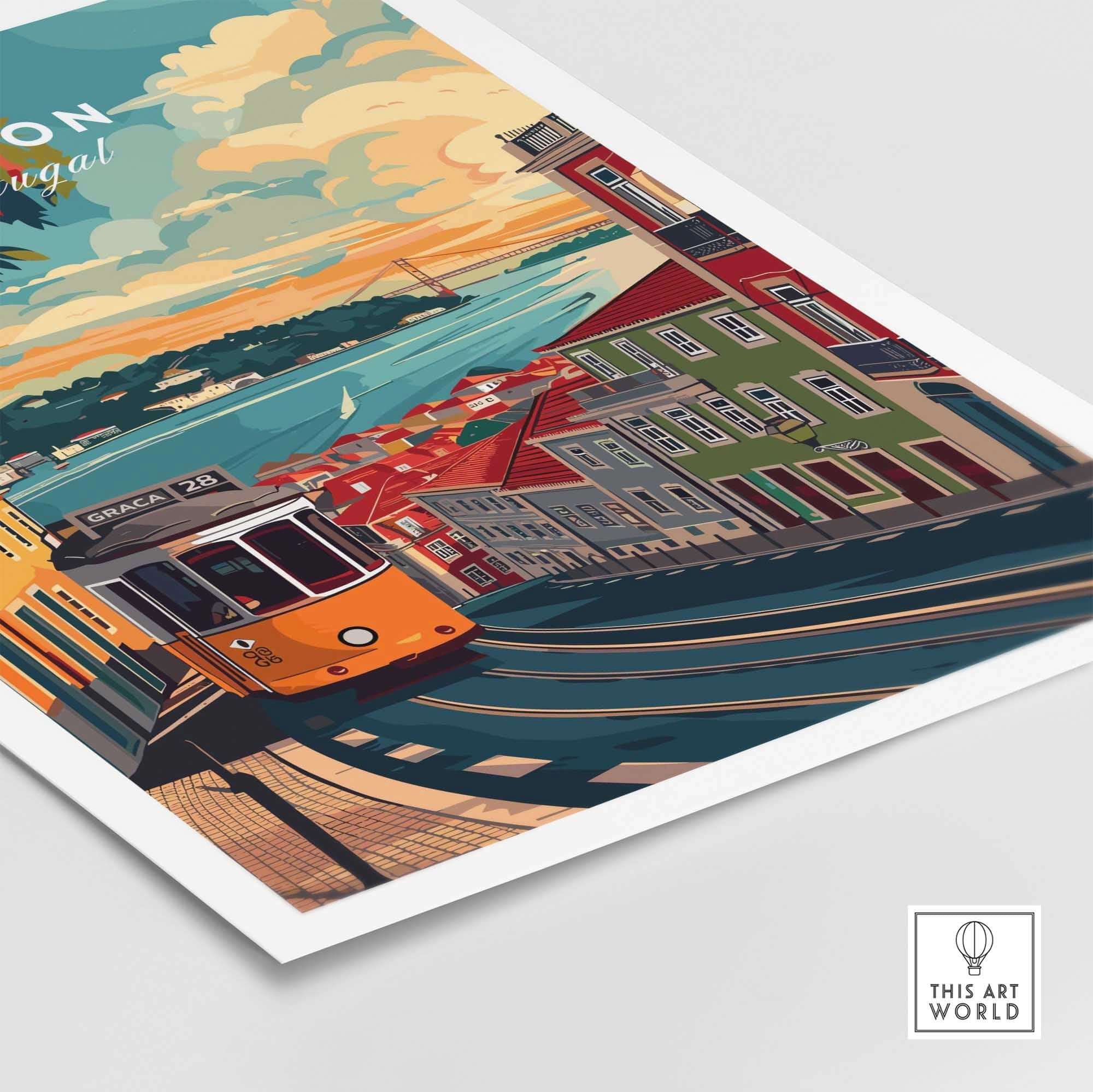 Lisbon Travel Print featuring vibrant tram and iconic landmarks of Lisbon, Portugal.