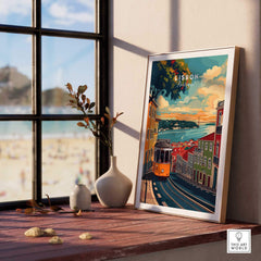 Lisbon Travel Print featuring a vibrant tram and scenic views from the charming streets of Lisbon.