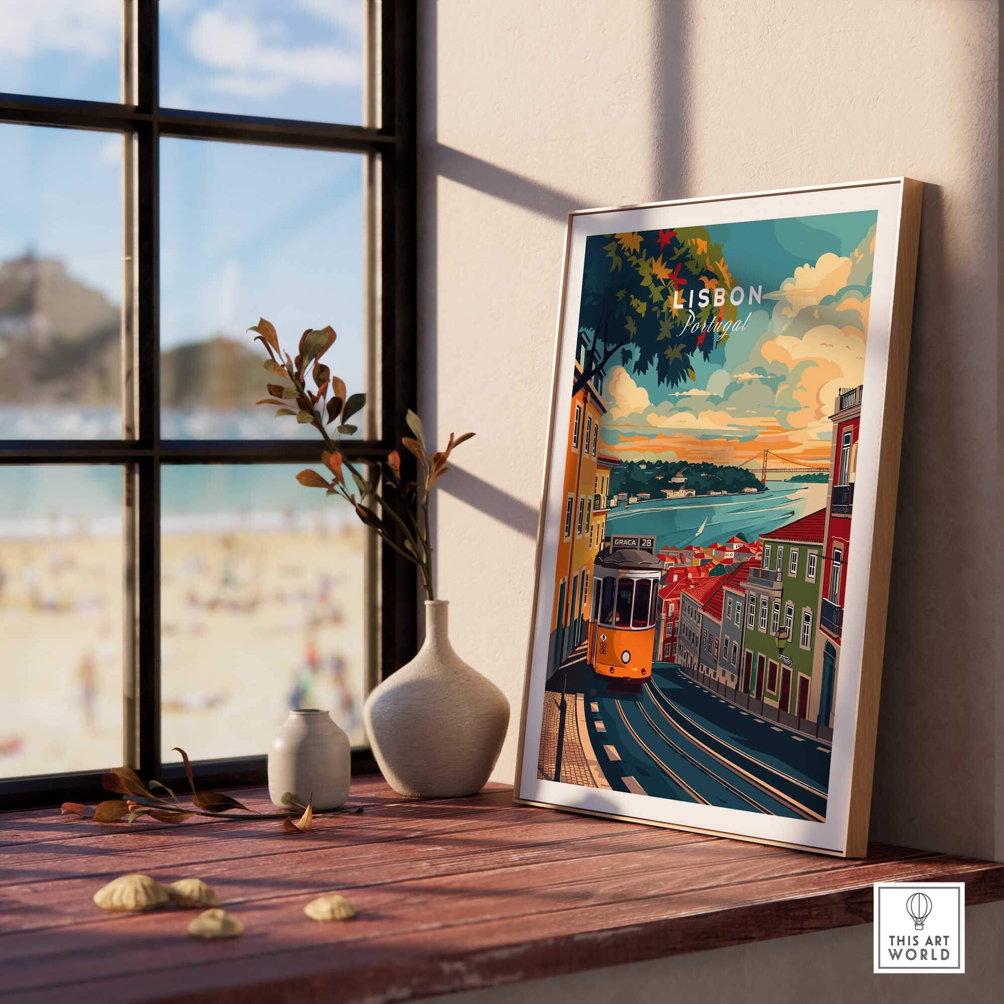 Lisbon Travel Print featuring a vibrant tram and scenic views from the charming streets of Lisbon.