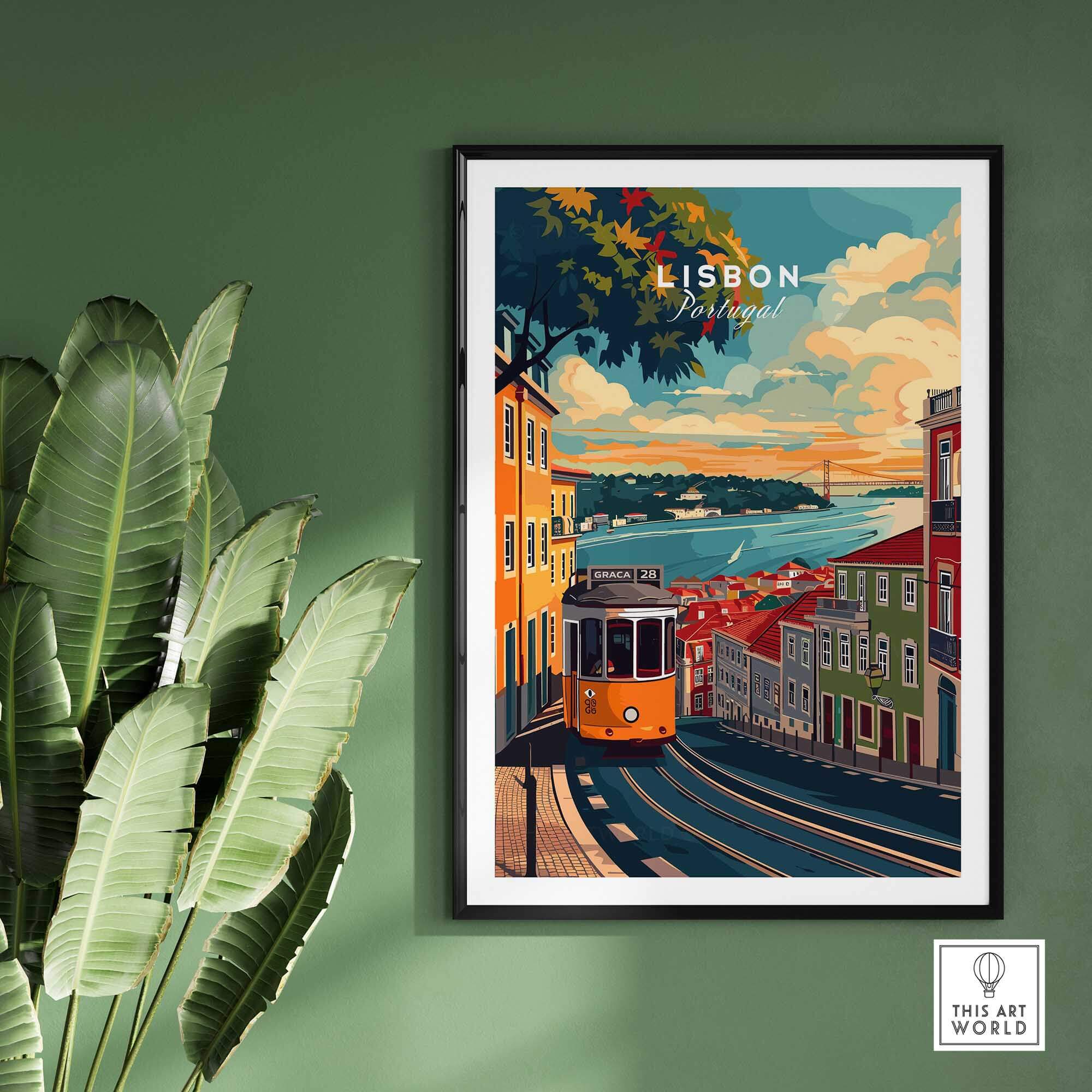 Lisbon Travel Print featuring vibrant architecture and iconic tram in Lisbon, Portugal.