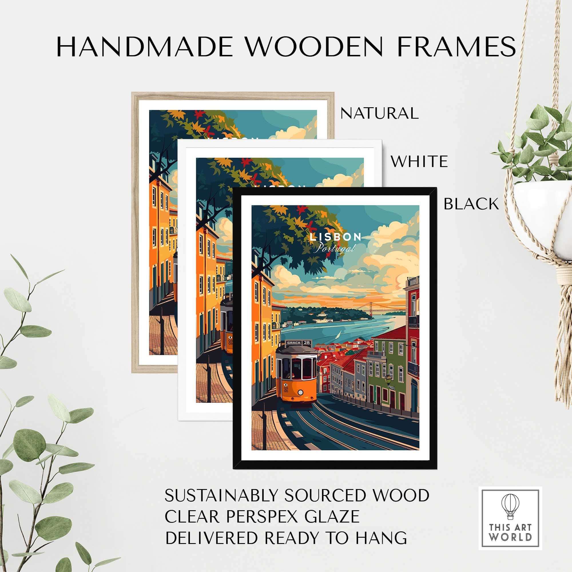 Handmade wooden frames in natural, white, and black for Lisbon Travel Print, perfect for home decor.