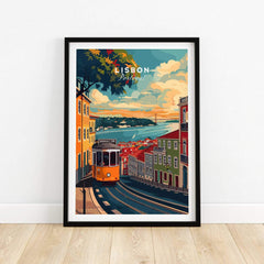 Lisbon Travel Print featuring vibrant streets, iconic tram, and stunning views of Lisbon, Portugal.