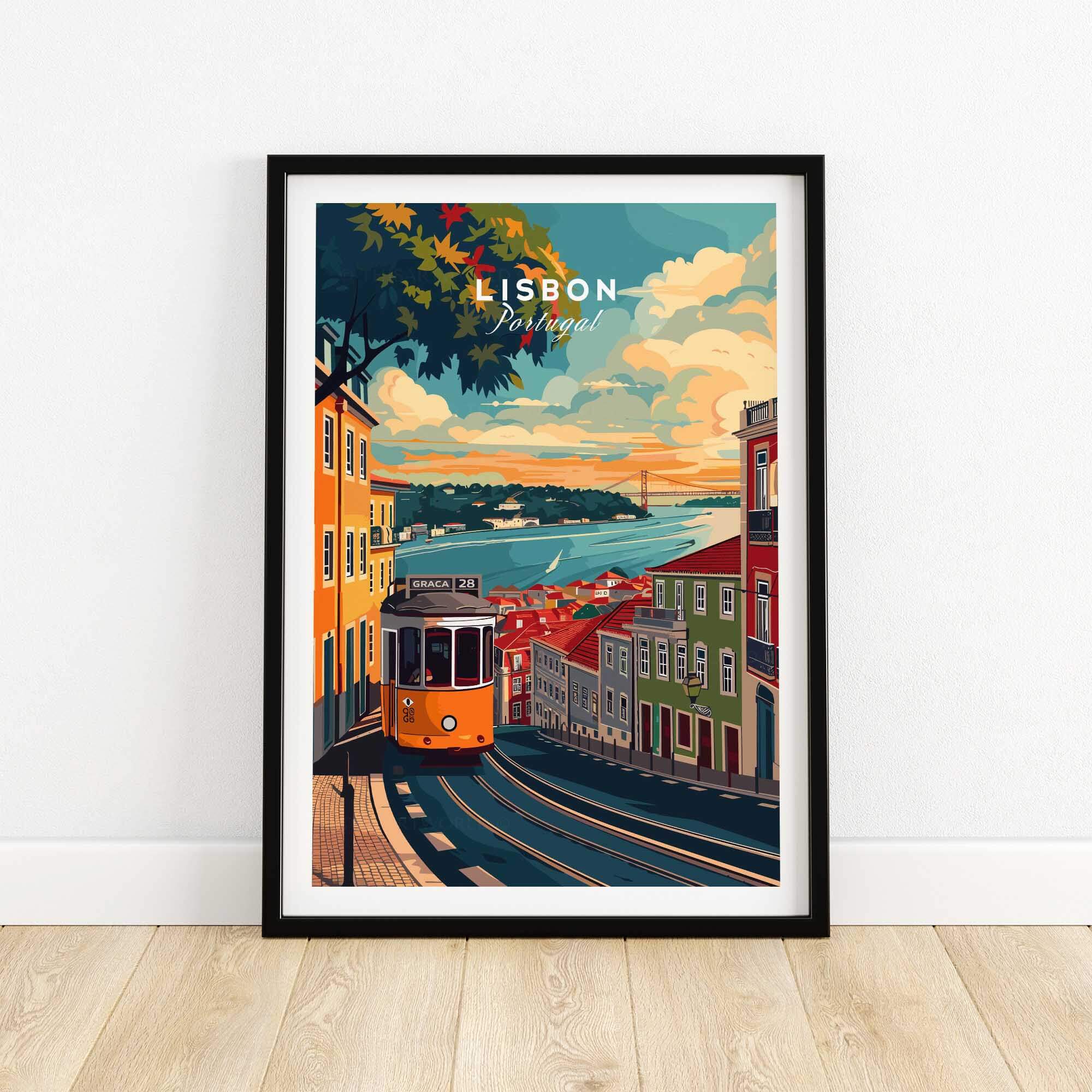 Lisbon Travel Print featuring vibrant streets, iconic tram, and stunning views of Lisbon, Portugal.