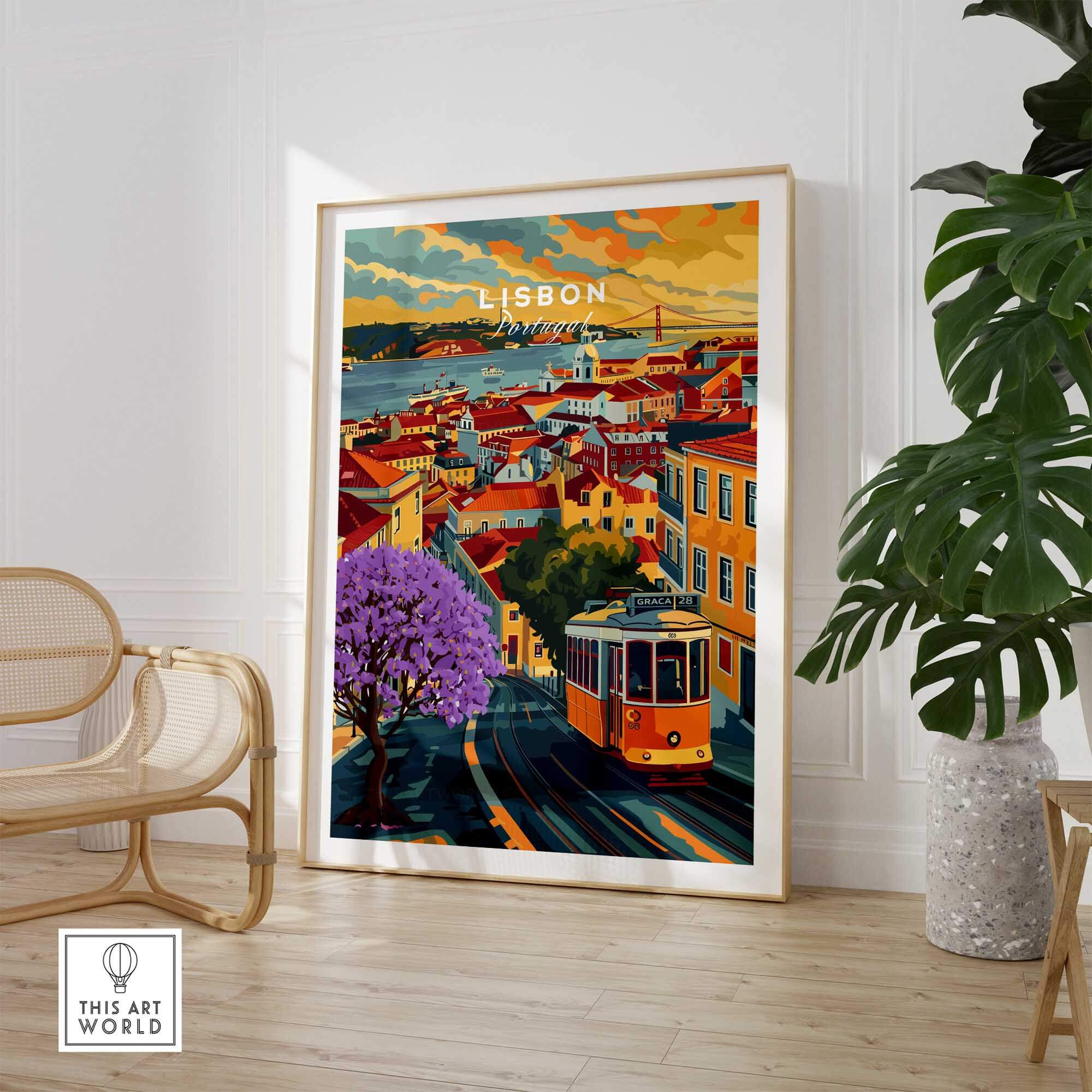 Lisbon Wall Art Poster featuring vibrant colors, Tram 28, and beautiful Jacaranda trees in a cozy home setting.