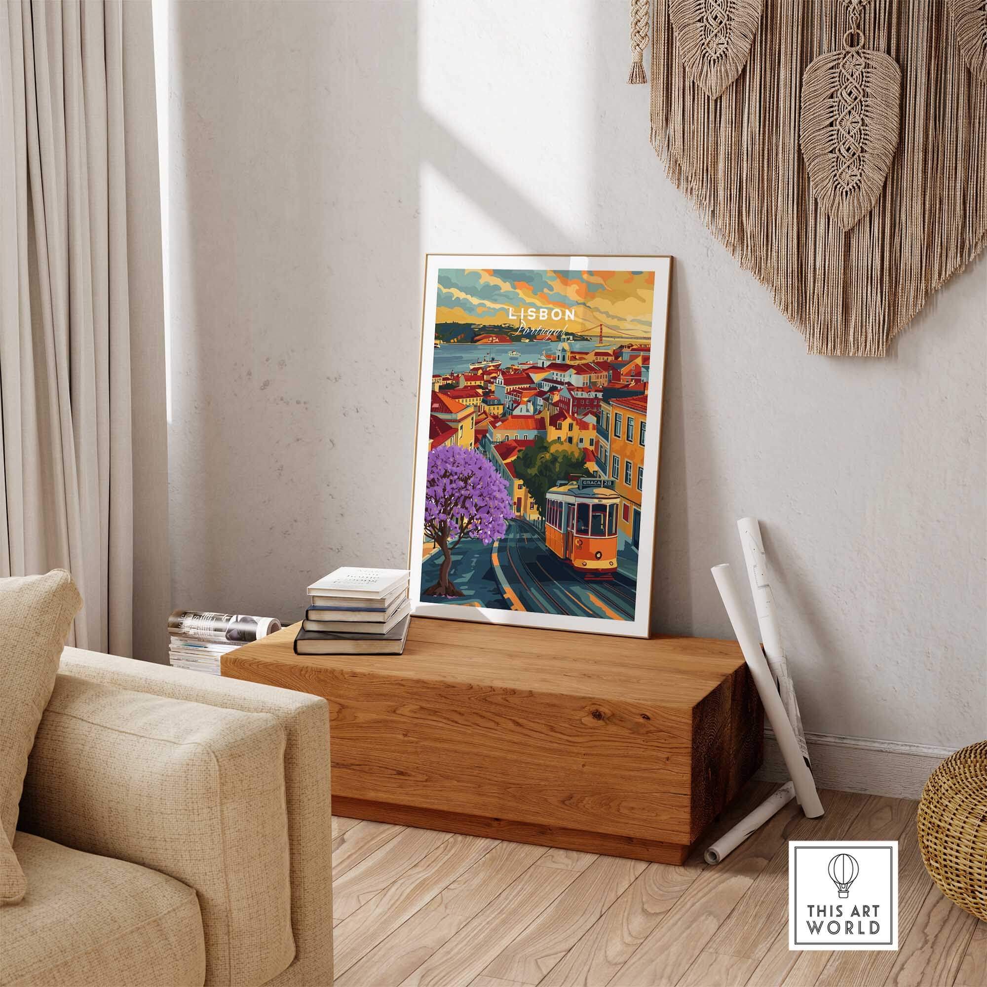 Lisbon Wall Art Poster featuring Jacaranda trees and Tram 28 in a stylish living room decor setting.