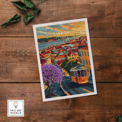 Lisbon Wall Art Poster showcasing vibrant Tram 28 and Jacaranda trees with stunning Lisbon city view.