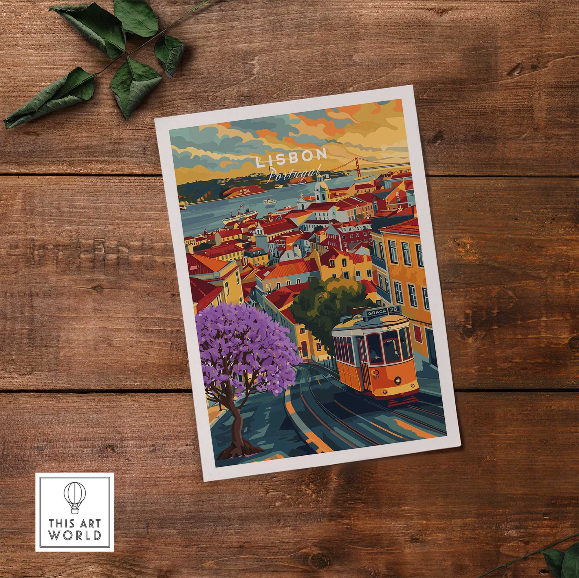 Lisbon Wall Art Poster showcasing vibrant Tram 28 and Jacaranda trees with stunning Lisbon city view.