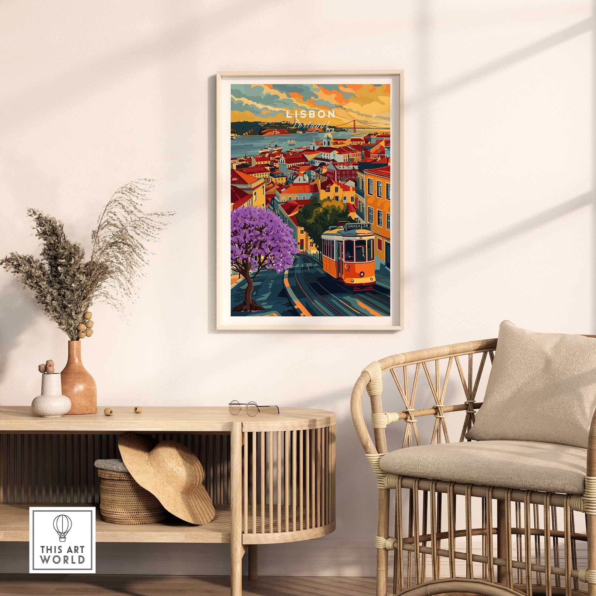 Lisbon Wall Art Poster featuring vibrant Jacaranda trees and Tram 28 in a stylish living room setting.