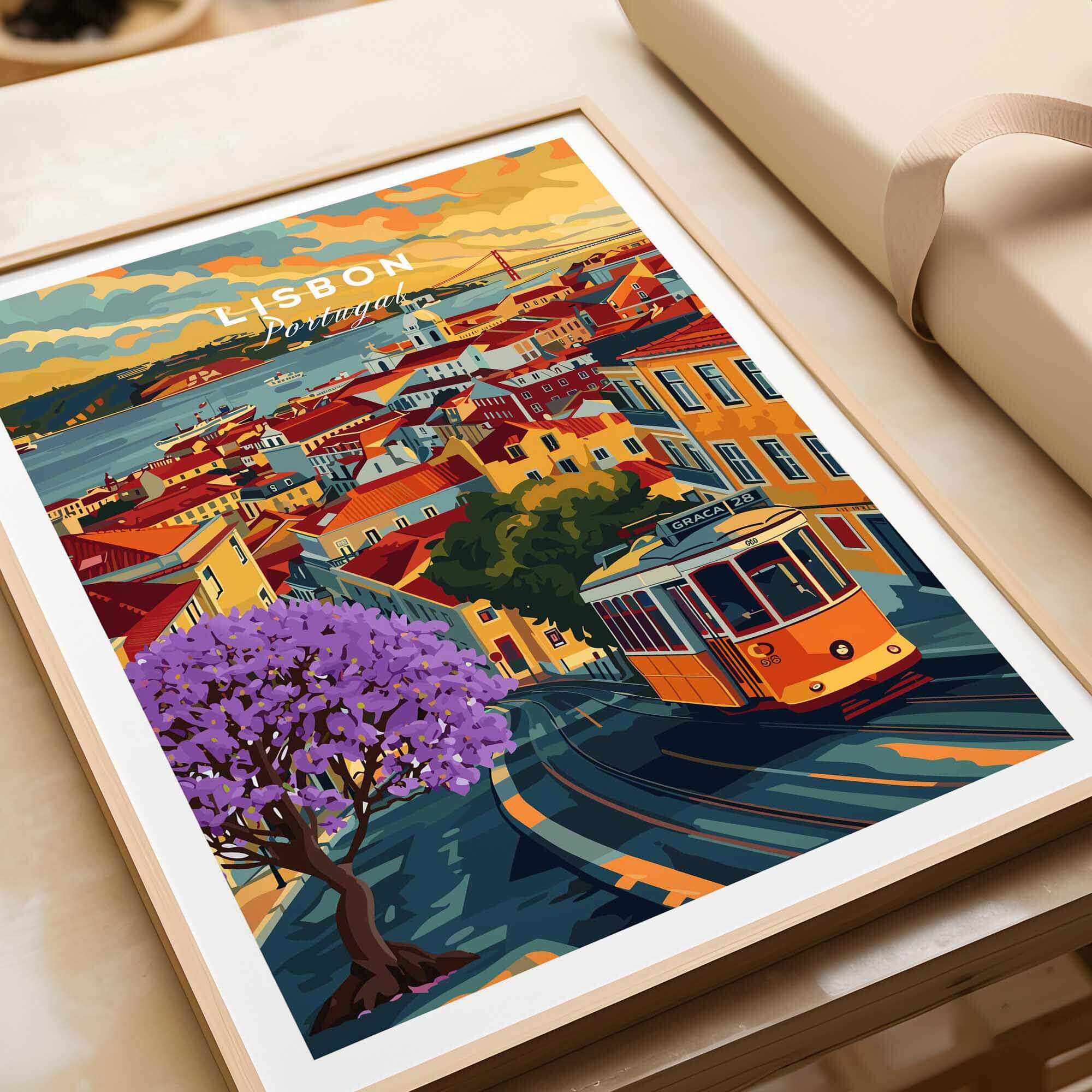 Lisbon Wall Art Poster featuring vibrant Jacaranda trees and Tram 28 in a colorful cityscape of Lisbon, Portugal.