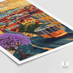 Lisbon Wall Art Poster showcasing vibrant Jacaranda trees and Tram 28 in a colorful cityscape design.