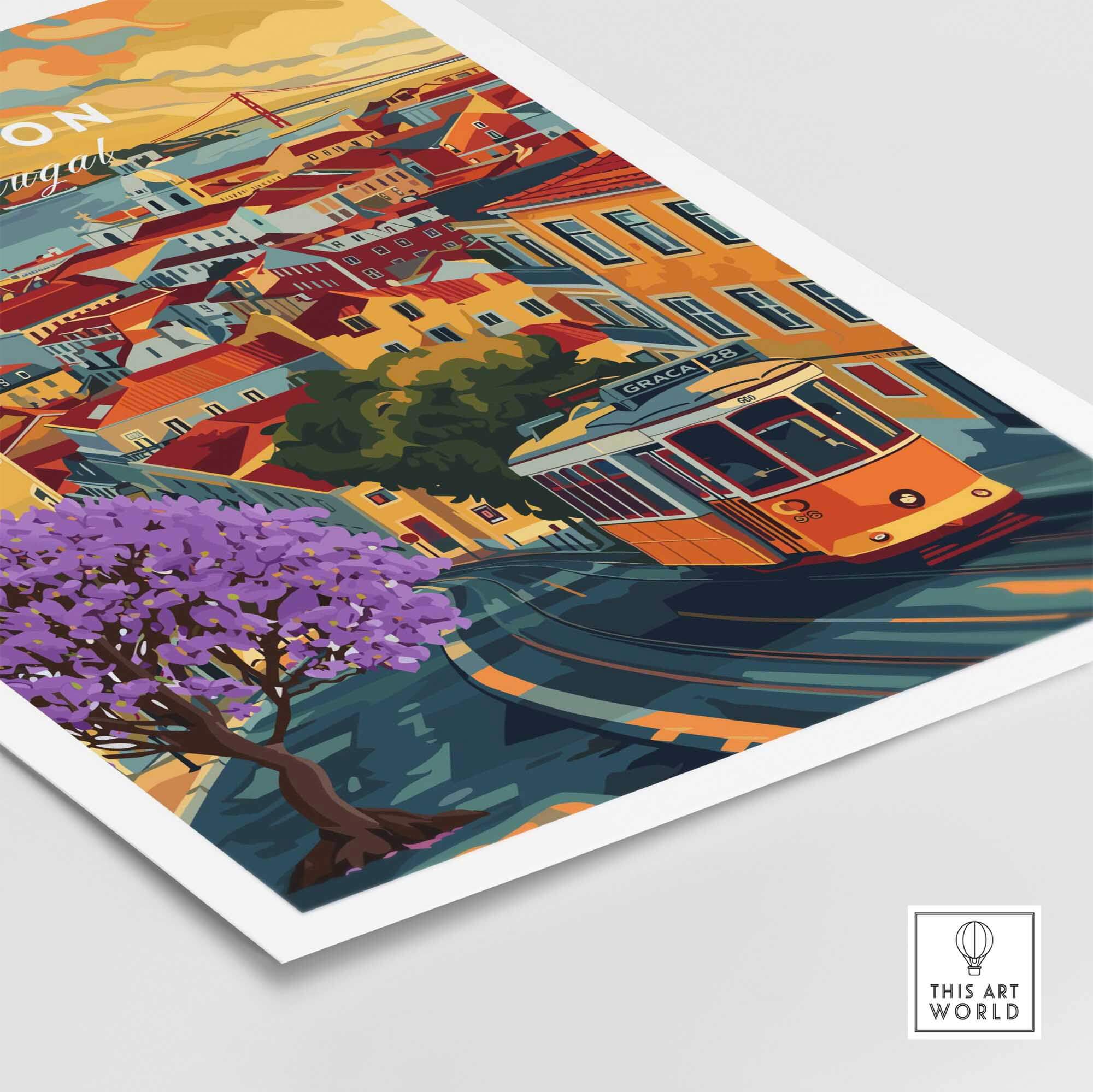 Lisbon Wall Art Poster showcasing vibrant Jacaranda trees and Tram 28 in a colorful cityscape design.
