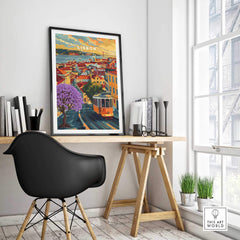 Lisbon Wall Art Poster featuring vibrant Jacaranda trees and Tram 28 in a stylish home office setting.