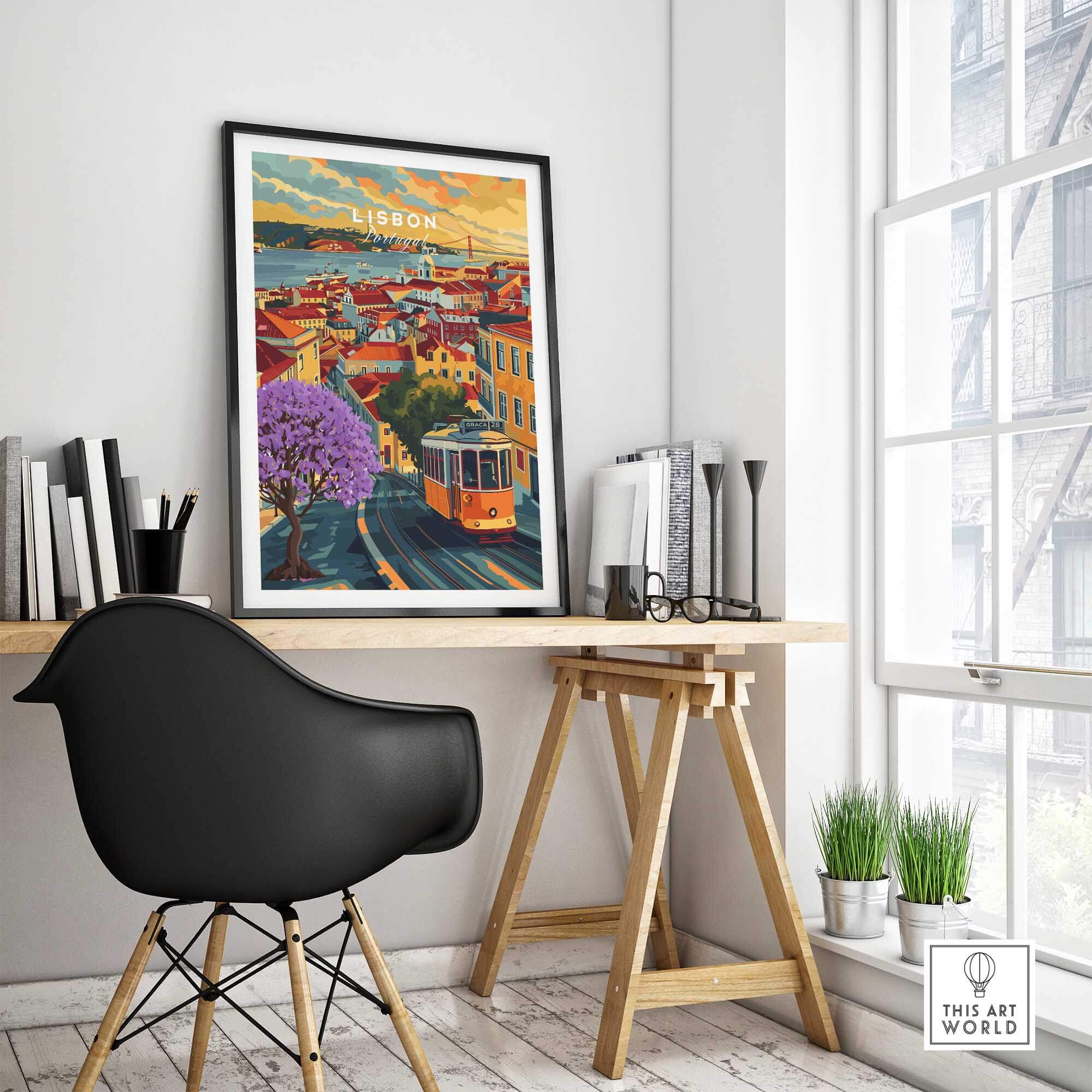 Lisbon Wall Art Poster featuring vibrant Jacaranda trees and Tram 28 in a stylish home office setting.