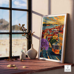 Lisbon Wall Art Poster featuring Tram 28 and Jacaranda trees in a vibrant cityscape setting.
