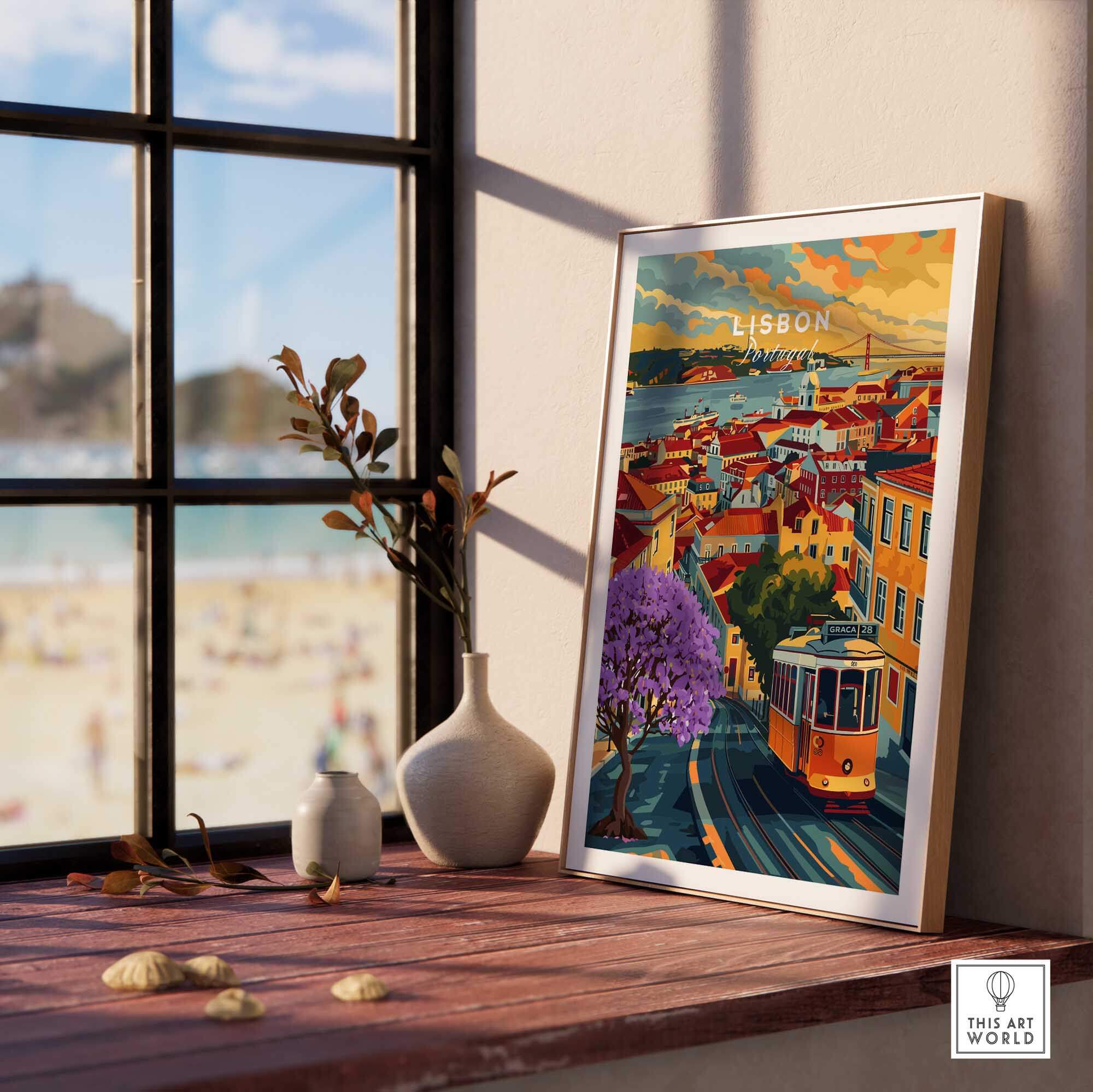 Lisbon Wall Art Poster featuring Tram 28 and Jacaranda trees in a vibrant cityscape setting.