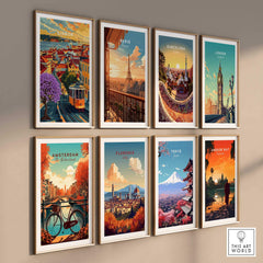 Lisbon Wall Art Poster among other travel prints, showcasing vibrant cityscapes and iconic landmarks in a stylish gallery wall.